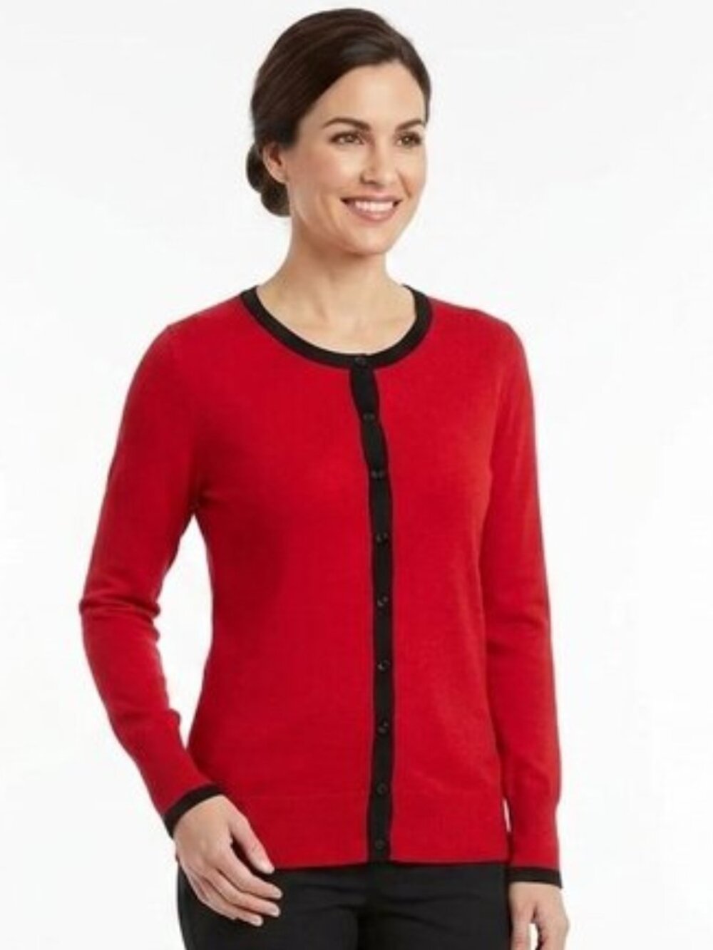 Chic by Jacob Red/Black Button Front Crew Neck Cardigan- Sz. Med